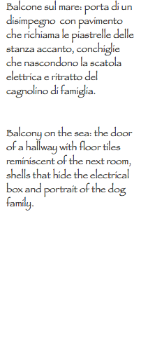 Balcone sul mare: porta di un disimpegno con pavimento che richiama le piastrelle delle stanza accanto, conchiglie che nascondono la scatola elettrica e ritratto del cagnolino di famiglia. Balcony on the sea: the door of a hallway with floor tiles reminiscent of the next room, shells that hide the electrical box and portrait of the dog family.