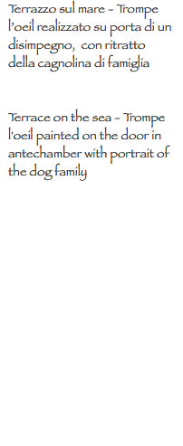 Terrazzo sul mare - Trompe l’oeil realizzato su porta di un disimpegno, con ritratto della cagnolina di famiglia Terrace on the sea - Trompe l'oeil painted on the door in antechamber with portrait of the dog family