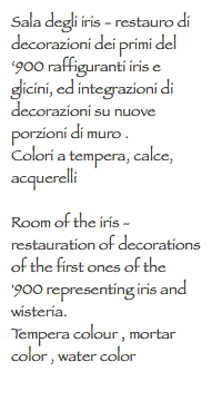 Sala degli iris - restauro di decorazioni dei primi del ‘900 raffiguranti iris e glicini, ed integrazioni di decorazioni su nuove porzioni di muro .
Colori a tempera, calce, acquerelli Room of the iris - restauration of decorations of the first ones of the '900 representing iris and wisteria.
Tempera colour , mortar color , water color